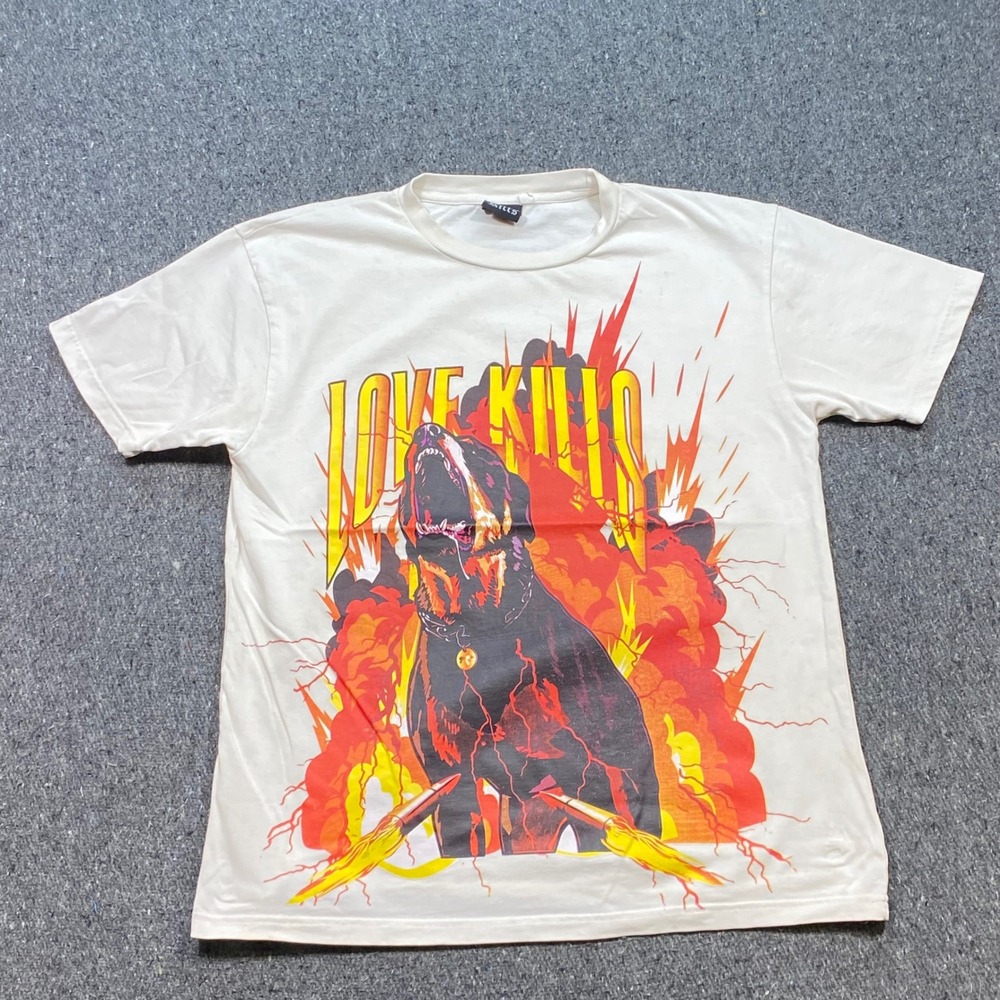 Love Kills TShirt Sz‎ L Mens White Streetwear Rottweiler Dog Fire Graphic Grunge